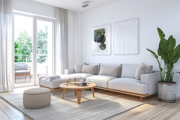 Sticker - Modern white living room interior with couch sofa, wooden furniture, with art decoration, carpet on wood floor and home decorations. Minimalistic contemporary interior design