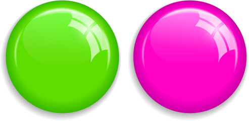 Green and pink fridge magnet buttons