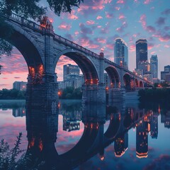 Wall Mural - Digital manipulation of a city skyline with a stone bridge against a dramatic sunset creates an abstract, best-seller wallpaper background