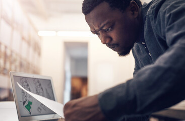 Poster - Architecture, laptop and business black man with blueprint for design, floorplan and documents. Civil engineering, building and person on computer for planning, research and construction project