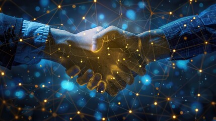 Poster - Digital handshake symbolizing business partnership. Abstract two hands in lines, connected dots, and triangles on a blue technology background, representing innovation and collaboration