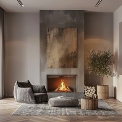 Sticker - An elegant living room setup with a fireplace and abstract art that serves as an ideal wallpaper or background for stock best-sellers