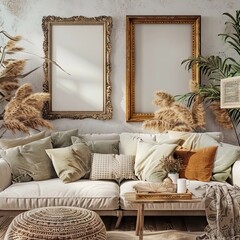 Wall Mural - Elegant home interior featuring a cozy sofa, cushions, and empty picture frames, creating an abstract wallpaper and background best-seller