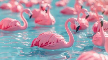 A picturesque scene of numerous pink flamingos gracefully floating on calm, bright turquoise water creating a vibrant and tranquil atmosphere.