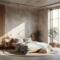 Sticker - A well-lit modern bedroom with sunlight filtering in, complementing the abstract concept as a best-seller background