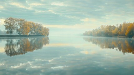 Wall Mural - A beautiful lake reflecting a misty sky in shades of soft gray and pale blue, with autumn trees in subtle yellow and olive green.