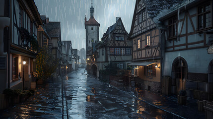 Wall Mural - A Rainy NIght, A realistic photo of an Germany, Rothenburg, a medieval town like a fairy tale