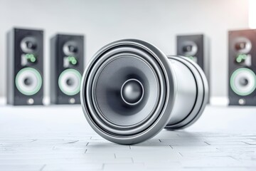 Wall Mural - A silver speaker is placed on a white surface next to a row of speakers