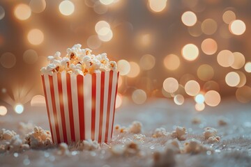 Sticker - Movie, red and white striped popcorn, Box. with delicious popcorn in Cinema or movie theatre bokeh background with copy space