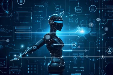 Poster - An illustration showcasing a robot arm among digital blueprints, embodying a tech-focused abstract wallpaper and background potential best-seller