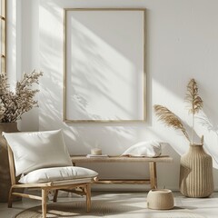 Wall Mural - This image captures a peaceful interior scene with an empty picture frame, ideal for a minimalist abstract wallpaper or background, and a potential best-seller