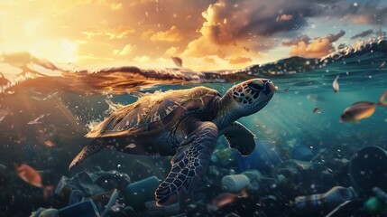 Stunning sea turtle swimming in ocean at sunset. Captivating underwater scene with marine life. Great for nature and wildlife websites. Beautiful and vibrant colors in a realistic style. AI