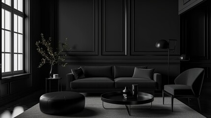 Minimal living room with black tones. 3D illustration ing