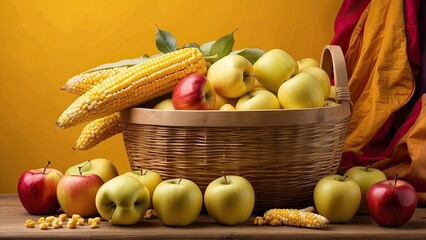 Wall Mural - Basket of Apples and Corn with Vibrant Yellow Backdrop