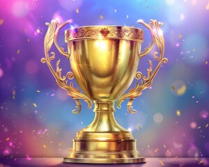 Championship cup or winner trophy in golden, bright colors, detailed, realistic illustration