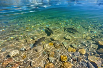 Wall Mural - Mysterious, shimmering fish fin prints along the shore of a crystal-clear lake