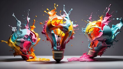 Wall Mural - Creative light bulb explodes with colorful paint and colors. New idea, brainstorming concept