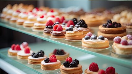 Wall Mural - inside photo of a cafe, Display in a confectionery shop. Tartlets and cake eclairs on a glass stand. Sweets on refrigerator shelves. Berries in sweet pastry. soft colors