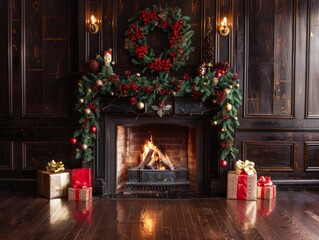 Elegant Christmas Fireplace with Gifts and Wreath