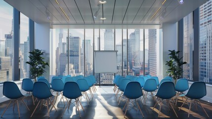 A modern, well-lit conference room featuring a stunning city view backdrop through large windows and organized rows of blue chairs, ready for a business meeting or seminar.