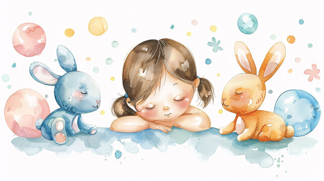 Watercolor clipart set of newborn girl items, including colorful teddy bears and strollers on white background