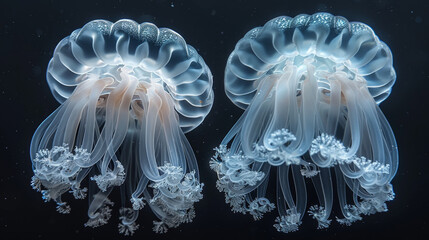 Two transparent magic futuristic white jellyfish made of lace, symmetrical, close-up, black background, hyper realistic photography background. Diatom science microbiology ocean marine organism water