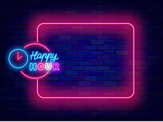 Wall Mural - Happy hour neon pink poster. Empty frame and typography with alarm clock. Eating design. Vector stock illustration