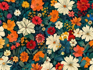Poster - Floral background in vector style, top view with vibrant colors and detailed flowers.