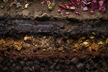 organic compost - biodegradable kitchen waste and soil. Layers of biowaste is covering with soil