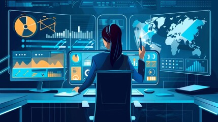 Poster - Woman Analyzing Data on Multiple Screens