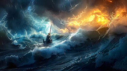 Wall Mural - Jesus calming the storm with a futuristic ship glowing waves