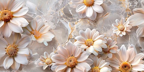 Wall Mural - white daisies flowers on a white marble background