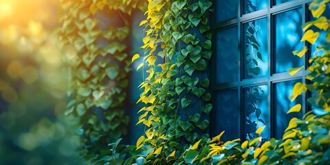 Wall Mural - Green leaves and blue window in the morning light. Natural background.