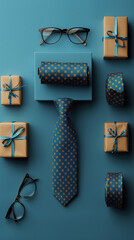 Wall Mural - 3D render, minimalist style, top view with gift box, tie, glasses on blue background, Father's Day theme, copy space