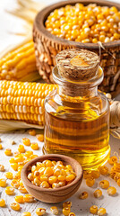 Wall Mural - Copy space with corn oil in a decanter, fresh corn cobs, and grains on white background