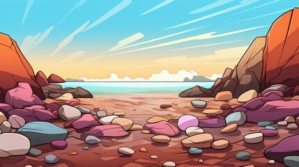 Wall Mural - Cartoon illustration of a rocky beach with colorful pebbles and turquoise sea at sunrise. Concept of summer vacation, nature, and tranquility.