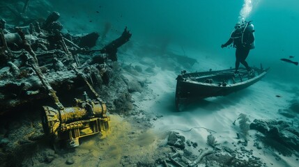 Wall Mural - The survey team conducts underwater archaeology surveys to investigate submerged ancient sites and shipwrecks.