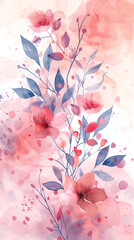 Wall Mural - Watercolor background with minimalistic line art of leaves and flowers at the corners