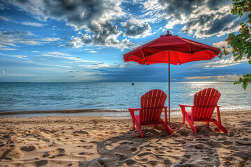 Poster - Two red chairs and an umbrella on a sandy beach with a serene ocean and dramatic sky.