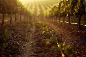 Canvas Print - Sunlit Vineyard Path, Golden Hour, Rural Serenity