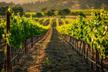 Canvas Print - Vineyard Sunset: Rows of Grapes with Dirt Path