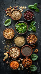 Wall Mural - Artistic composition of vegetarian ingredients, including nuts, seeds, legumes, and grains, on a dark, textured background