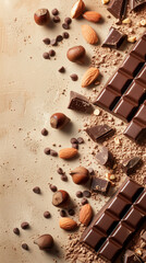 Wall Mural - Light beige background with chunks of nuts and chocolate around the edges, bird's eye view, product mockup style