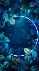 Wall Mural - Blue neon frame with leaves on black background, circular shapes, tropical landscapes, light-filled, junglepunk style