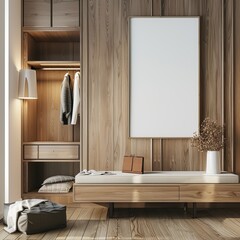 Wall Mural - Elegant wooden bedroom design with a prominent blank frame serves as the perfect abstract background and wallpaper for a best-seller setting