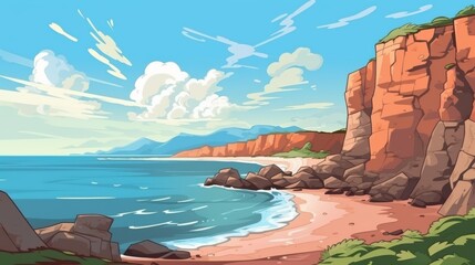 Wall Mural - Scenic View of a Secluded Beach with Towering Cliffs.  An Idealistic Cartoon Landscape Illustration for Travel, Adventure, and Nature