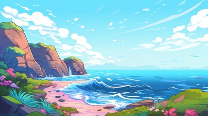 Wall Mural - Cartoon Illustration of a Vibrant Coastal Landscape with Rocks, Ocean and Flowers. Perfect for Travel, Nature, or Summer Concepts