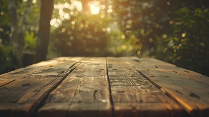 Poster - Rustic Wooden Table in Sunlit Forest