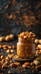 Wall Mural - Jar of peanut praline off-center, surrounded by peanuts on dark textured background