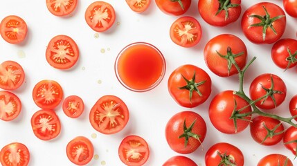 Wall Mural - Ripe tomatoes and juice separated on a white background